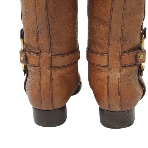 Tory Burch Amanda Tall Riding Boots READ Brown Leather Size 6.5 Side Zip Logo - Picture 8 of 15